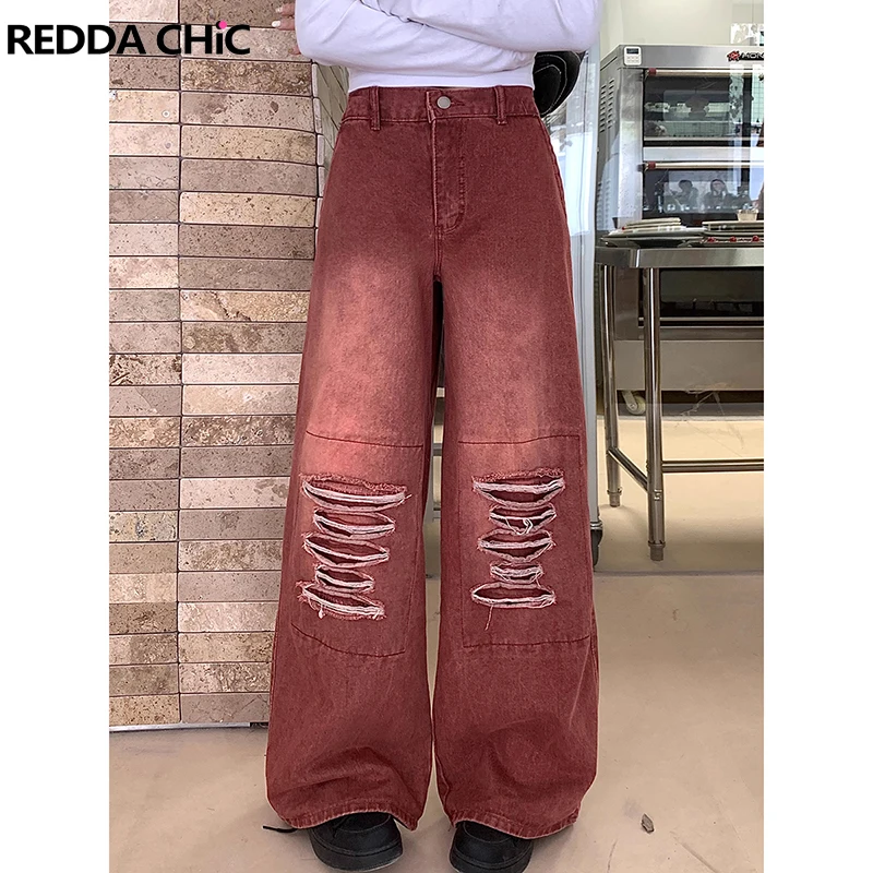 REDDACHiC Red Vintage Wash Destroyed Baggy Jeans Men Patchwork Ripped Hiphop Trousers Loose Casual Wide Pants Y2k Streetwear