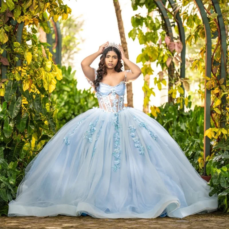 Light Blue Quinceanera Dress Glitter Crystal 3D Flower Decal Long tail off-shoulder Lace Vestidos De 15 Quinceanera ﻿Customize