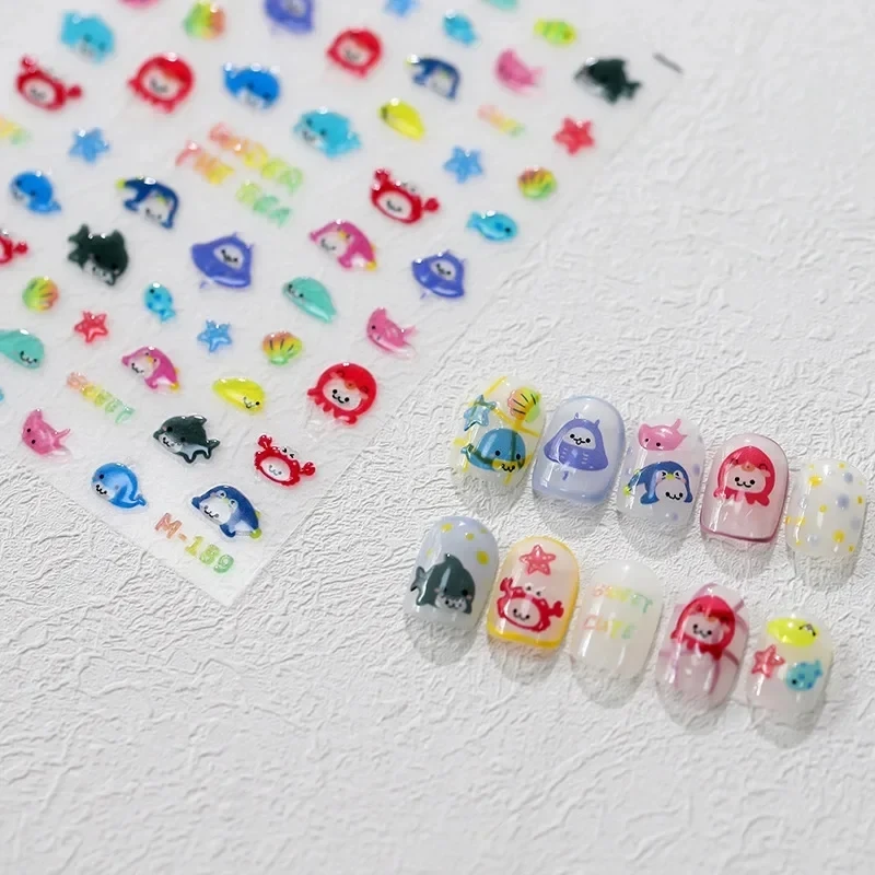 Lovely Cartoon Jellyfish Whale Shark Starfish Shells 5D Jelly Self Adhesive Nail Art Stickers Cute Manicure Decals Wholesale