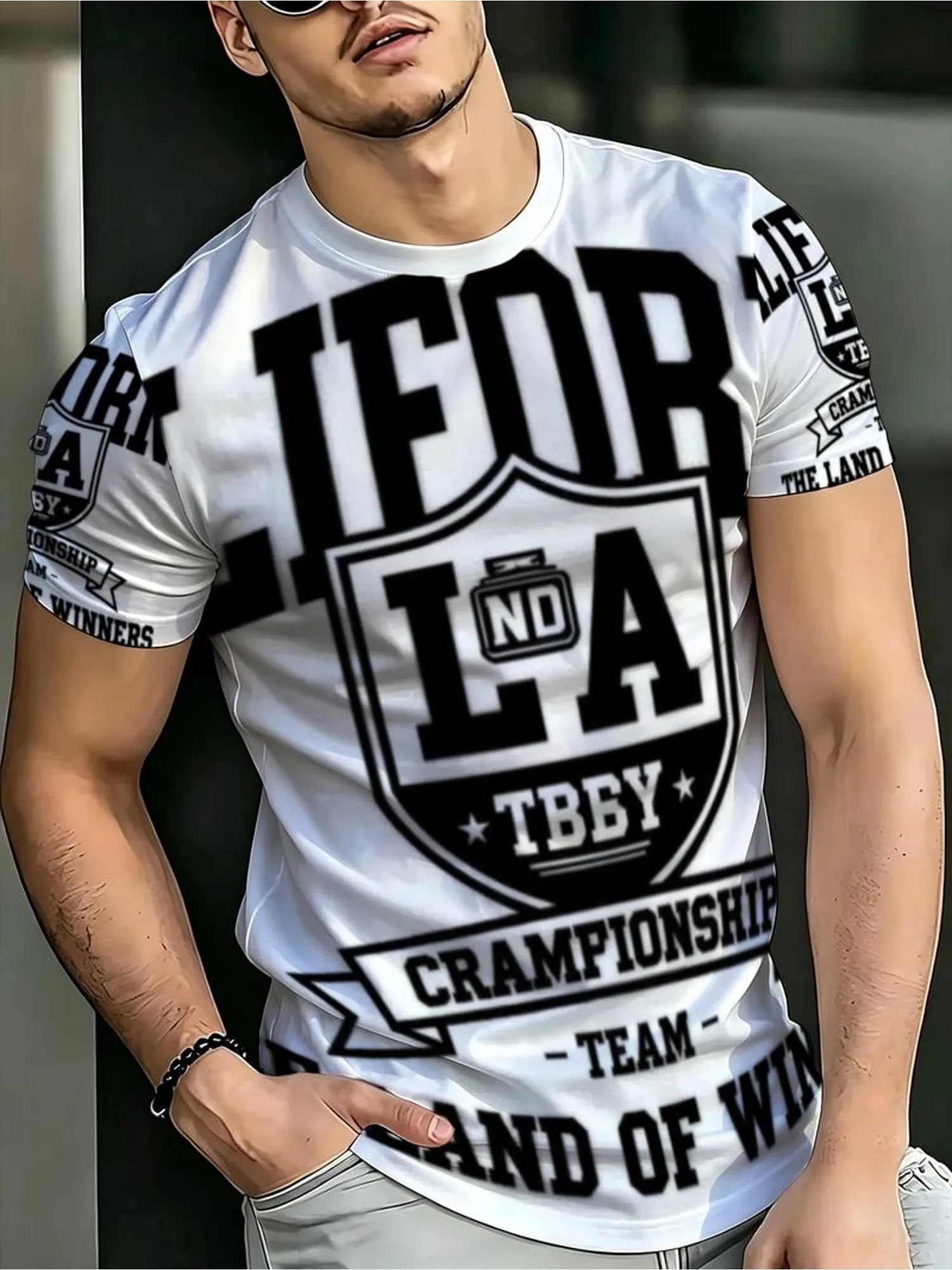New men's short-sleeve T-shirt, loose-fitting and tailored with printed designs, versatile basic crew-neck top suitable for spri