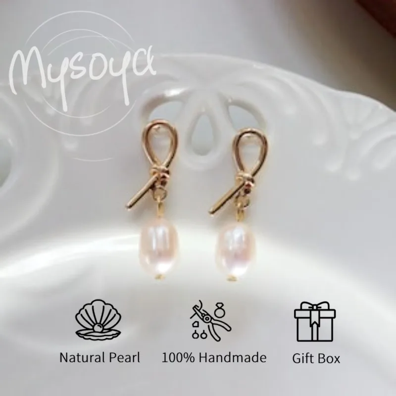

MYSOYA White Rice-Shaped Freshwater Pearl Knot Drop Earrings 7-8mm With Gift Box For Her/Him Birthday/Wedding/Christmas Gift