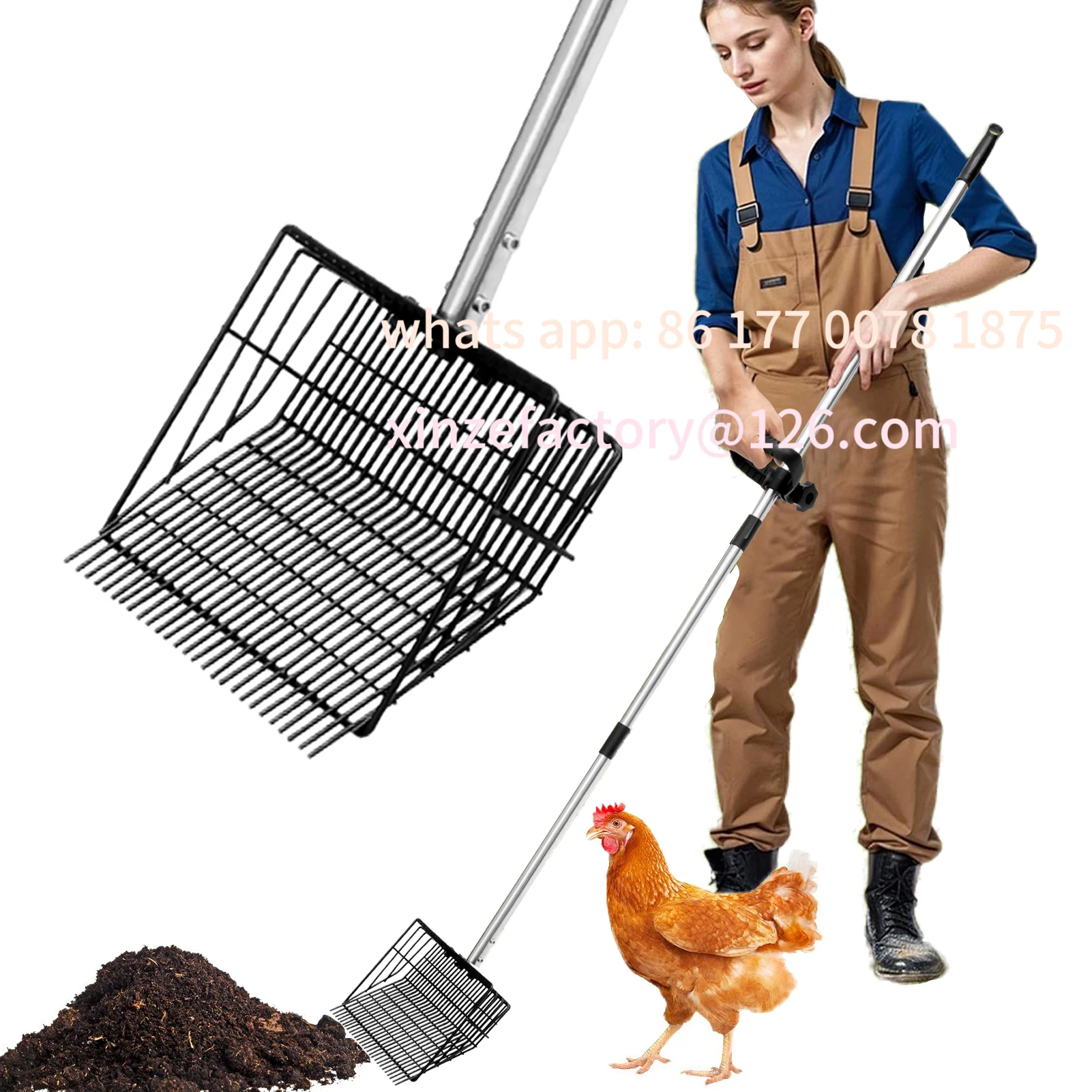 

Customizable Extendable Chicken Coop Rake Scoop Sand Chicken Poop Cat Litter Scooper Cleaning Tools Shovel Adjustable Stainless