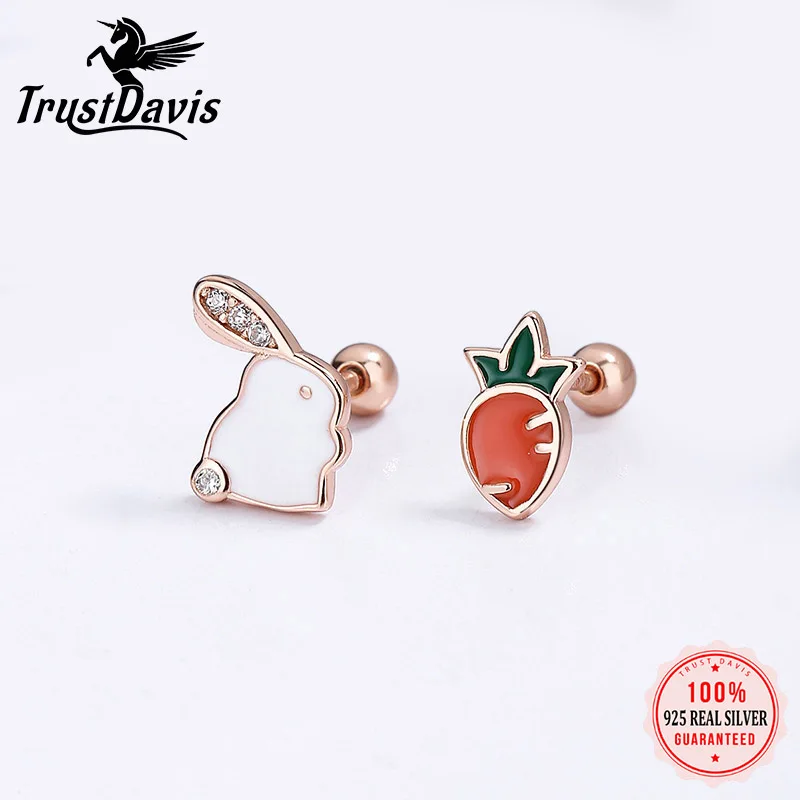 TrustDavis Real 925 Sterling Silver Asymmetrical Rabbit Radish Screw Stud Earrings For Cute Daughter Girls Fine Jewelry DG0137