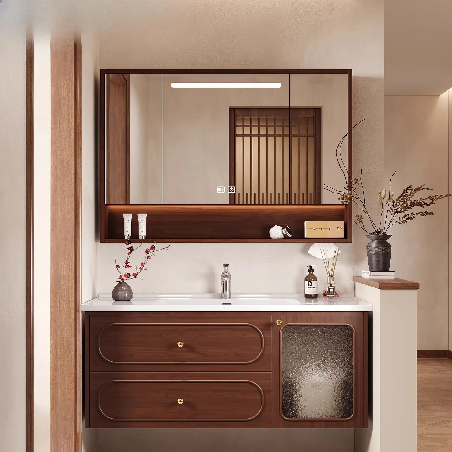 

Medieval style bathroom cabinet ceramic integrated basin oak wash basin cabinet combined bathroom furniture