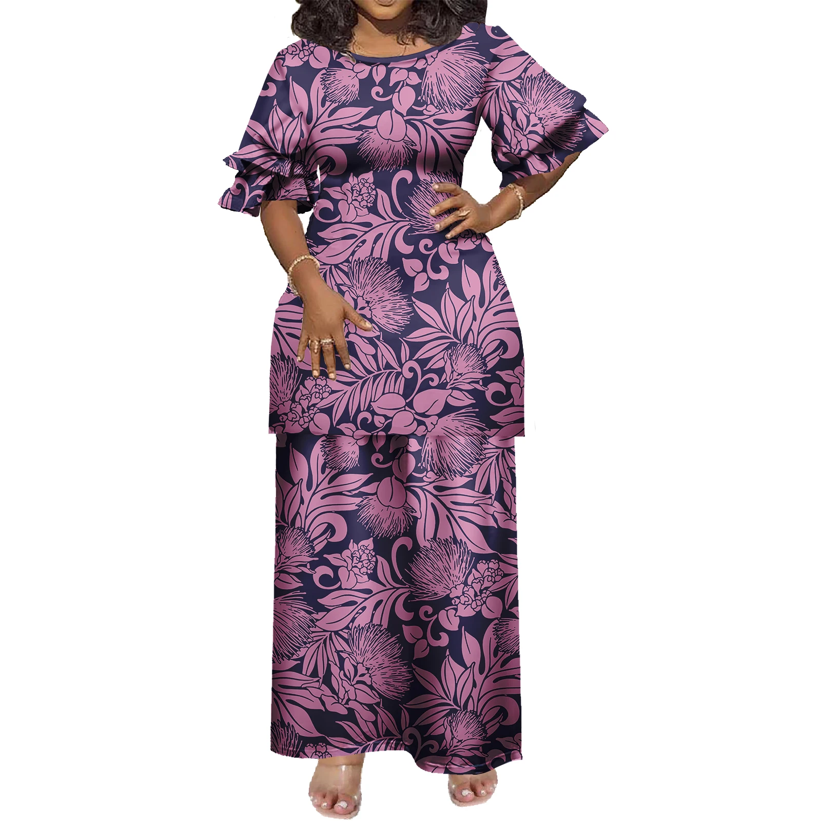 

Women Dress Print On Simple And Casual Loose Short-Sleeved Top Half-Length Skirt Two-Piece Set samoan dress