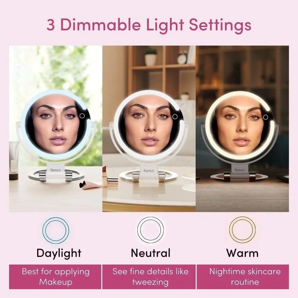 Miroir de maquillage double face éclairé par 9 LED, grossissement rechargeable 10x/1x, commande tactile, miroir de courtoisie portable avec 3 lumières