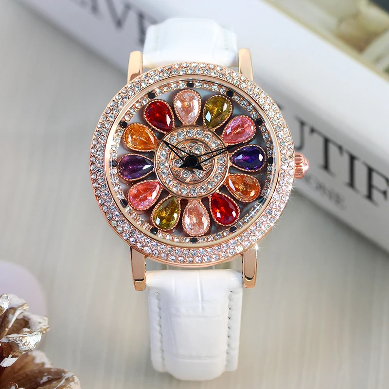 

Цельный женский белый ремень, легкий роскошный простой стиль, красочные карамельные кварцевые часы с вращающимся циферблатом