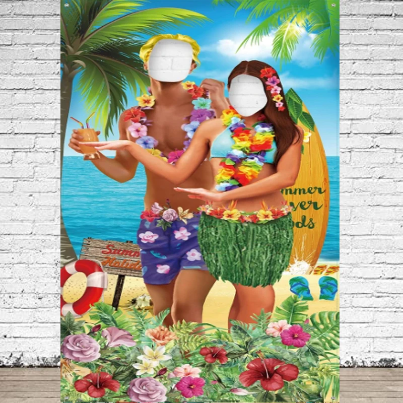 

Photography Backdrop Luau Couple Photo Prop Door Banner Face In Hole Pretend Play Party Games Hawaiian Photo Booth Background