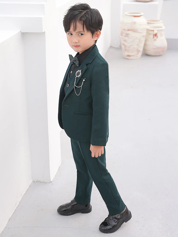 Children Dark Green Photograph Suit Flower Boys Formal Wedding Dress Kids Tuxedo Party Wear Teenager Graduation Birthday Costume