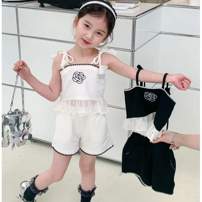 

Girls' Set Strap Embroidered Floral Skirt Top with Shorts25Summer New Foreign Trade Children's Wear Delivery