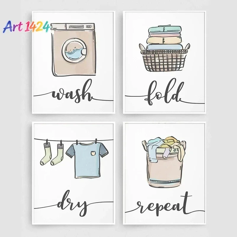 Spanish Wash Dry Fold Repeat Laundry Sign Poster and Print Wall Art Print Canvas Painting Nordic Wall Pictures for Utility Ro
