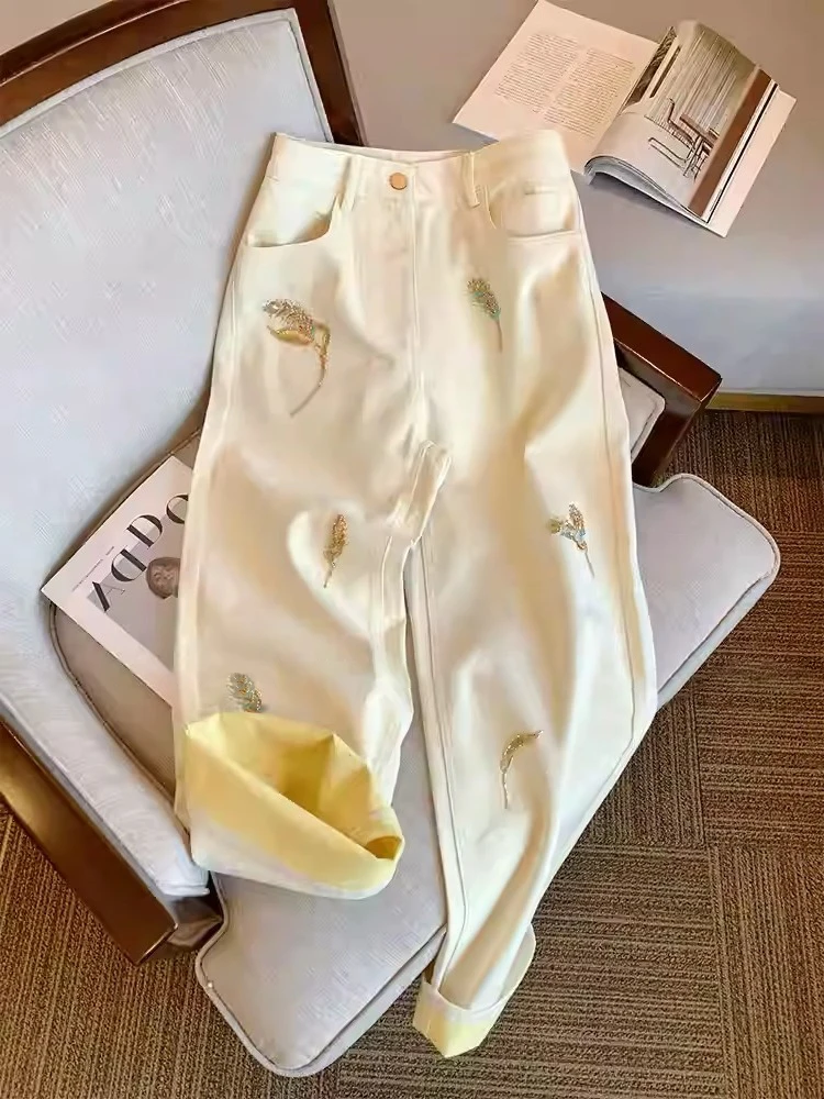 

Модные широкие джинсы с высокой талией, женские джинсы с вышивкой золотого термистора, прямой крой, утягивающие весенне-осенние винтажные джинсы