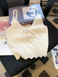 2026 Solid V-neck Eyelet Spaghetti Top Casual Tie Front Scallop Trim Cami Top For Summer Women's Clothing Knit Crop Top