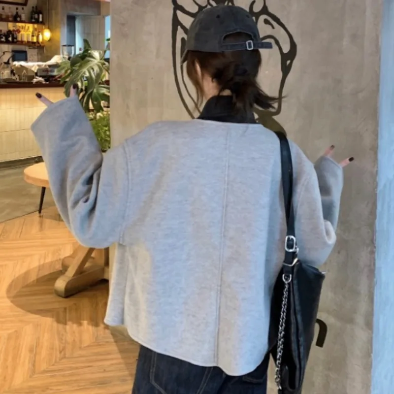 معطف صوفي مزدوج الوجه للنساء كوري أنيق للخريف والشتاء فضفاض بياقة مناسبة وتصميم كلاسيكي بلون Blo مناسب للتنقل