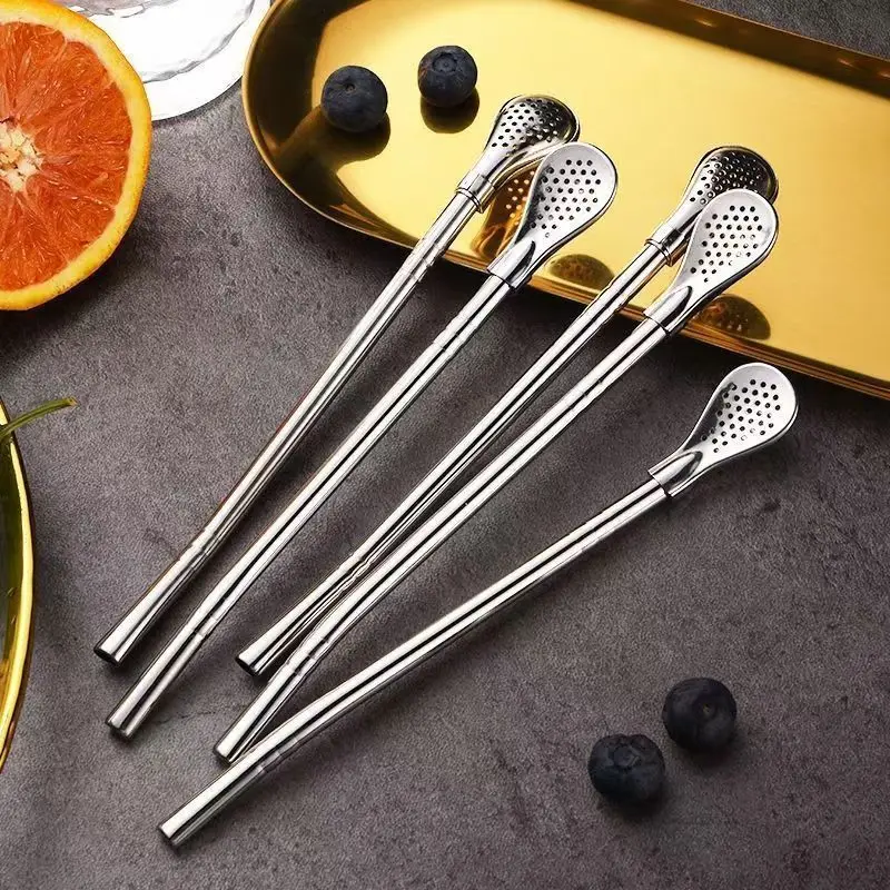 Food Grade Stainless Steel Straw Spoon Coffee Stirring Dual Purpose Integrated Eco Friendly Drink Tube Milk Tea Juice Filter