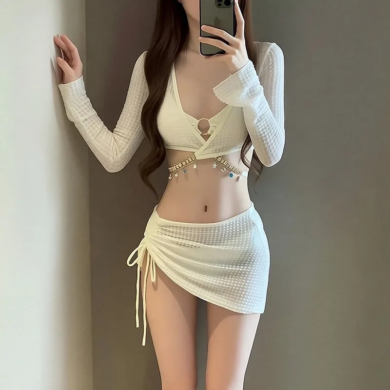 

Women's Bikini Set Textured V Neck Top With Rhinestone Chain Long Sleeve Cover Up Tie Side Skirt Sexy Beach Bathing SuitSwimwear