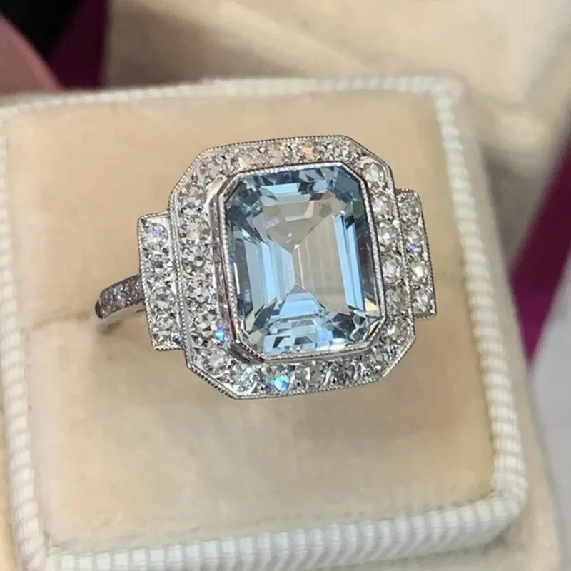 Luxury Female Rings 925 Sterling Silver Square Sea Blue Zircon Rings for Women Men Love Anniversary Jewelry Girlfriend Gift