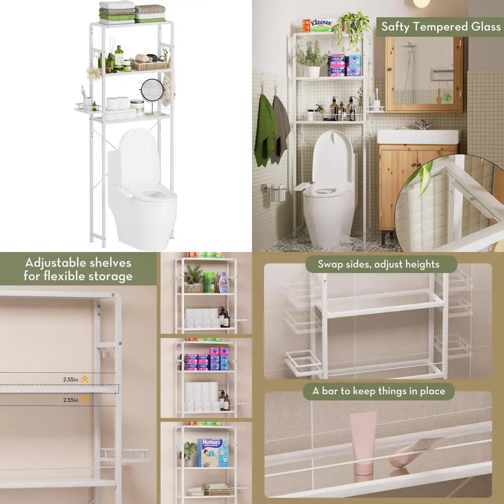 

3-Tier White Toilet Storage Rack, Adjustable Bathroom Organizer, Space-Saving Shelves