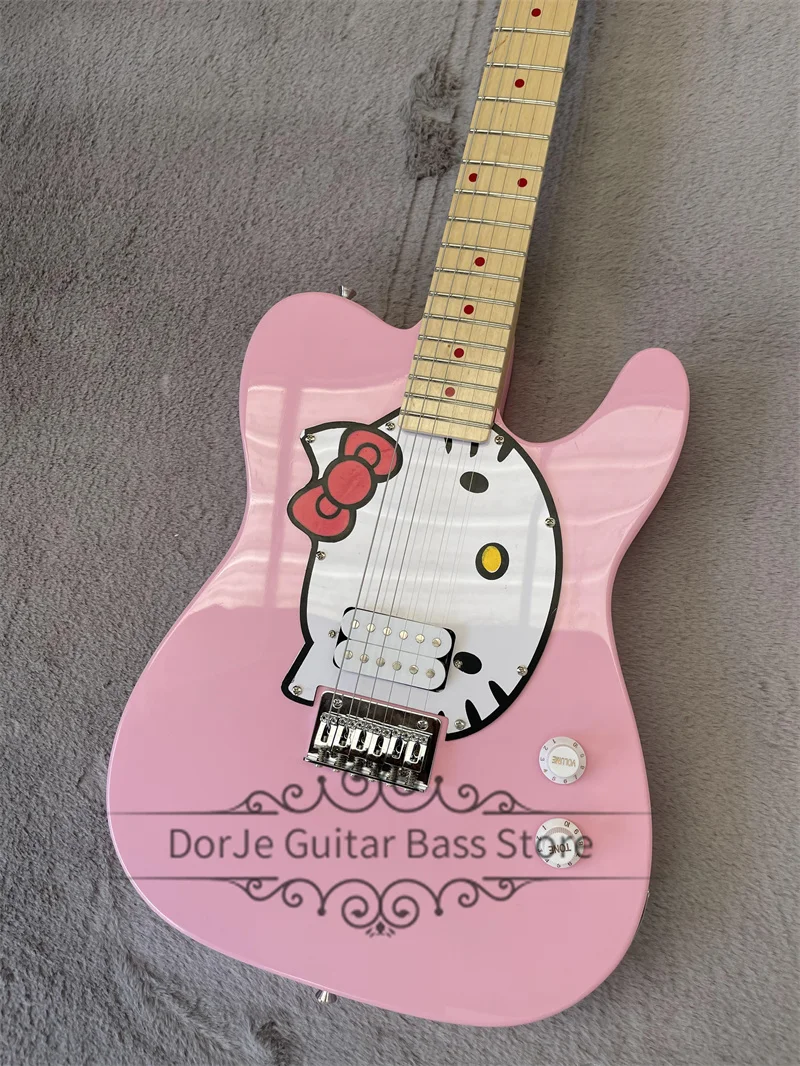 Pink Guitar Tel Electric Guitar Cat Pickguard Maple Fingerboard Red Inlay Fixed Bridge