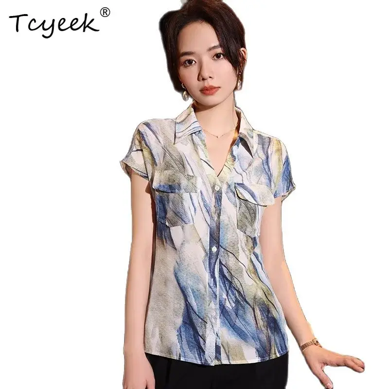 

Tcyeek, 100%Real Silk Elegant Shirt, Women Short Sleeve Lapel Printed, Commute Fashion Blouses, 2024 Summer Autumn T47598QC