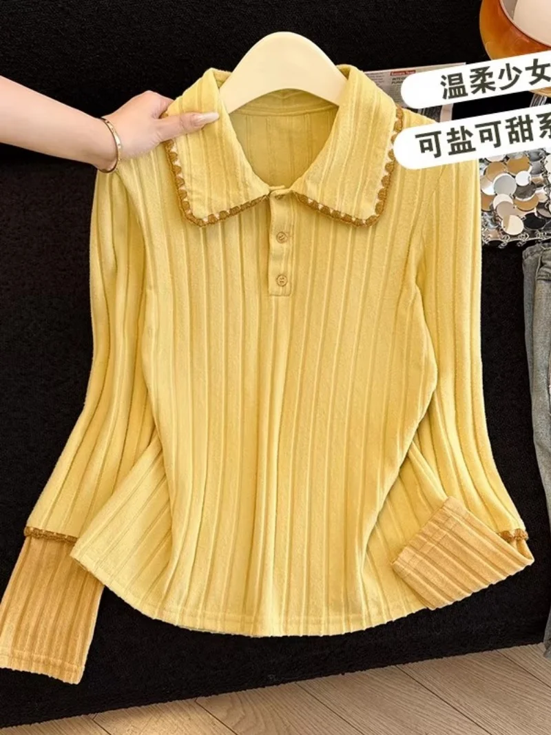 

Women's Knitted Retro Collar Top, Brushed Long Sleeve T-Shirt, Cozy Winter & Early Spring Layering Tee, Fashion 2026 New Arrival