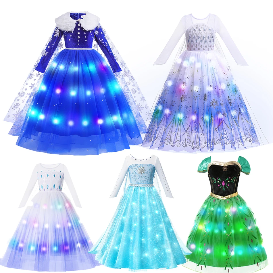 Disney LED Light Princess Dress Girl Elsa Anna Aurora Kid Birthday Party Clothes Halloween Cosplay Cinderella Frozen Costume