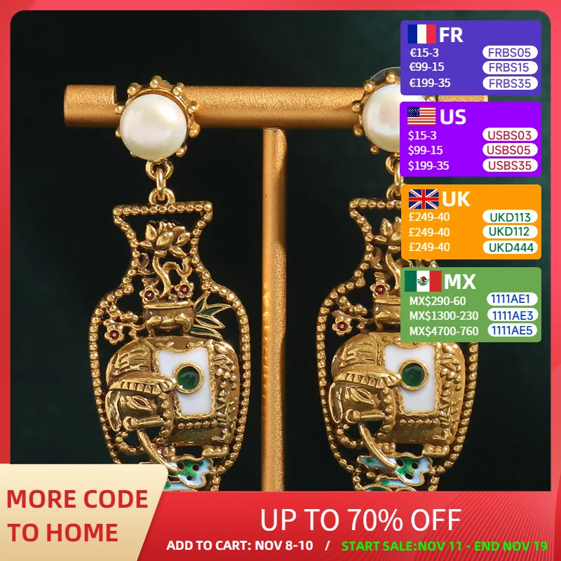 

Vintage Vase Pearl Large Earrings For Woman Gold Color Drip Oil Carved Flower Antique Round Retro Exaggerated Accessories 2025