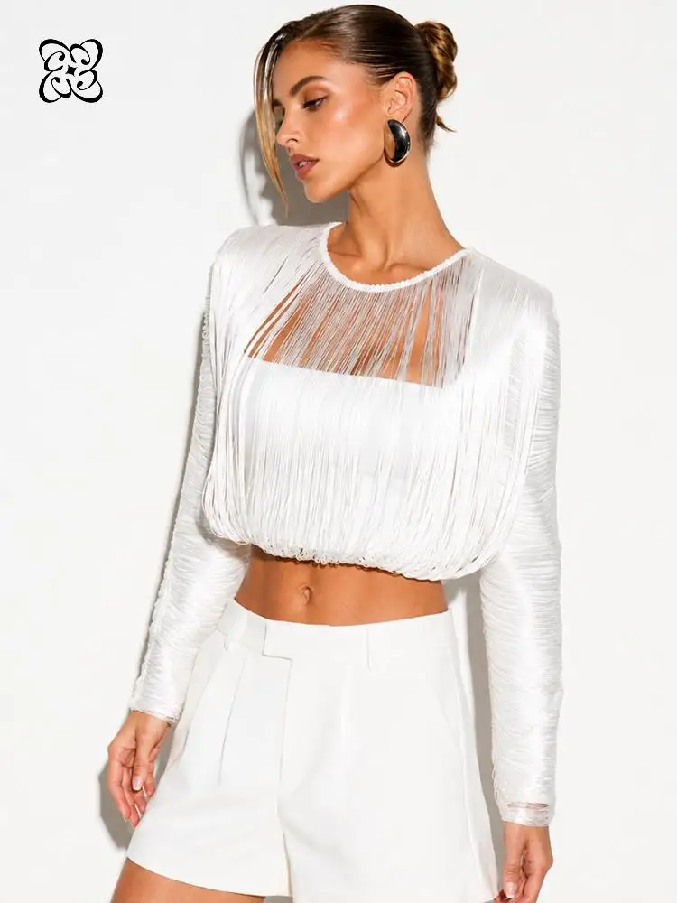Chemisier court blanc à manches longues avec franges, col rond, découpes à pampilles et maille transparente, pour femme, idéal pour les soirées et les spectacles