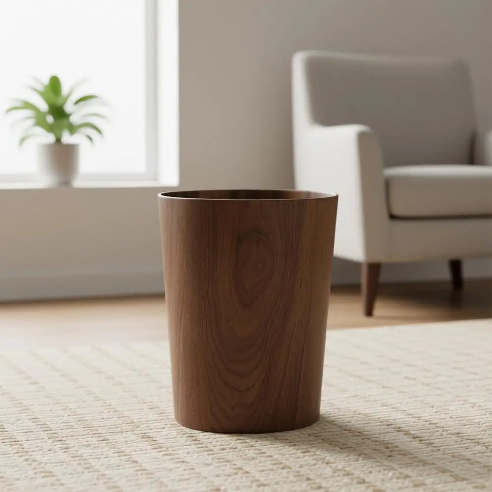 

Japanese-Style Natural Wood Round Wastebasket, Lightweight and Sturdy for Home, Office, or Hotel, Suitable for Desk, Kitchen, Be