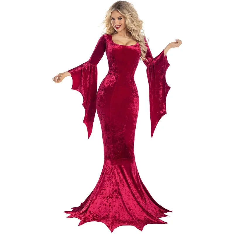 Sexy Gothic Ghost Bride Halloween Costume Vampire Witch Lace Sleeve Dress Elegant Batgirl Cosplay Party Costume Makeup Clothes