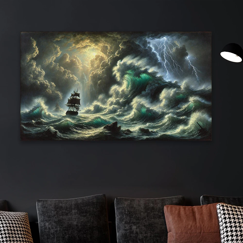 Vintage Large Size Painting Shipwreck Art Ocean Storm Shipwreck Art Print Poster Living Room Wall Canvas Painting Gallery Decor