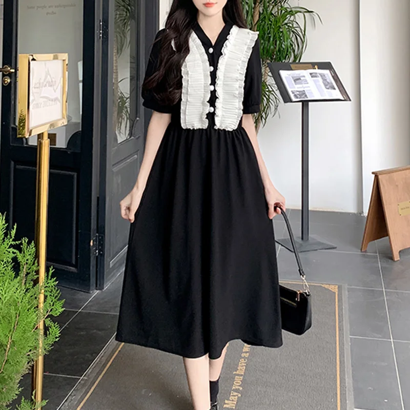 

Summer Bodycon Dress for Women Chiffon splicing Y2k Black Streetwear French Style Long Elegant Vintage es