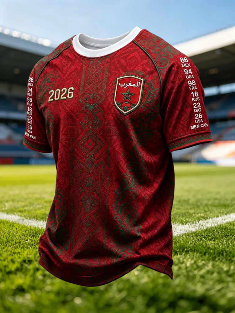 Summer New Morocco Football Sports Jersey Red Letter Print Short Sleeve T Shirt Soccer Fan Supporter Casual Top Family Kids Tees