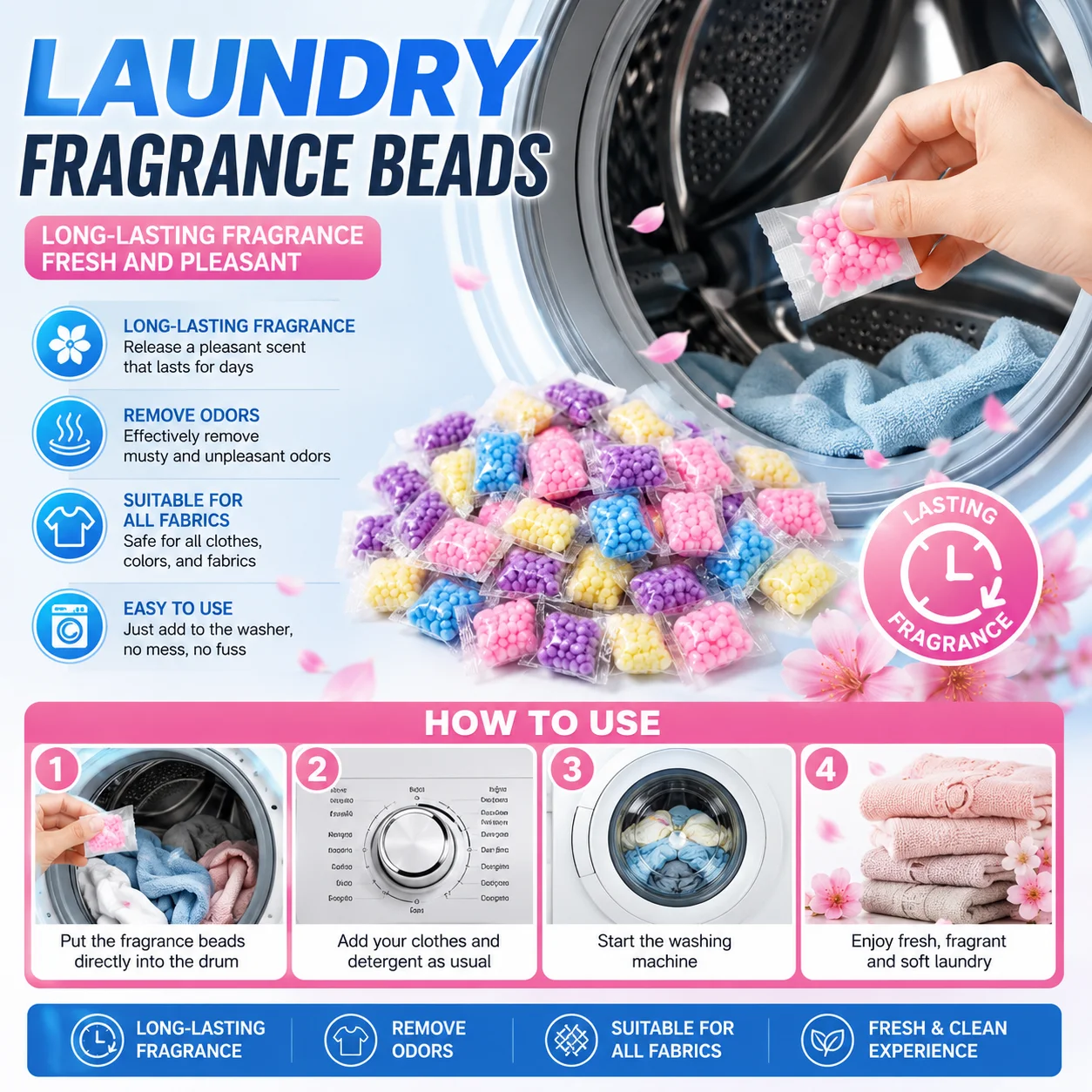 50Pcs Laundry Scent Booster Beads Fresh Fragrance Anti Static Odor Remover for Washing Machine