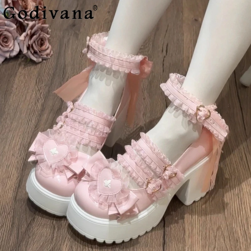 Original Platform Shoes for Women Lolita Cute Girl Japanese Thick Sole Shoes Female Spring Summer White Pink Single Shoes