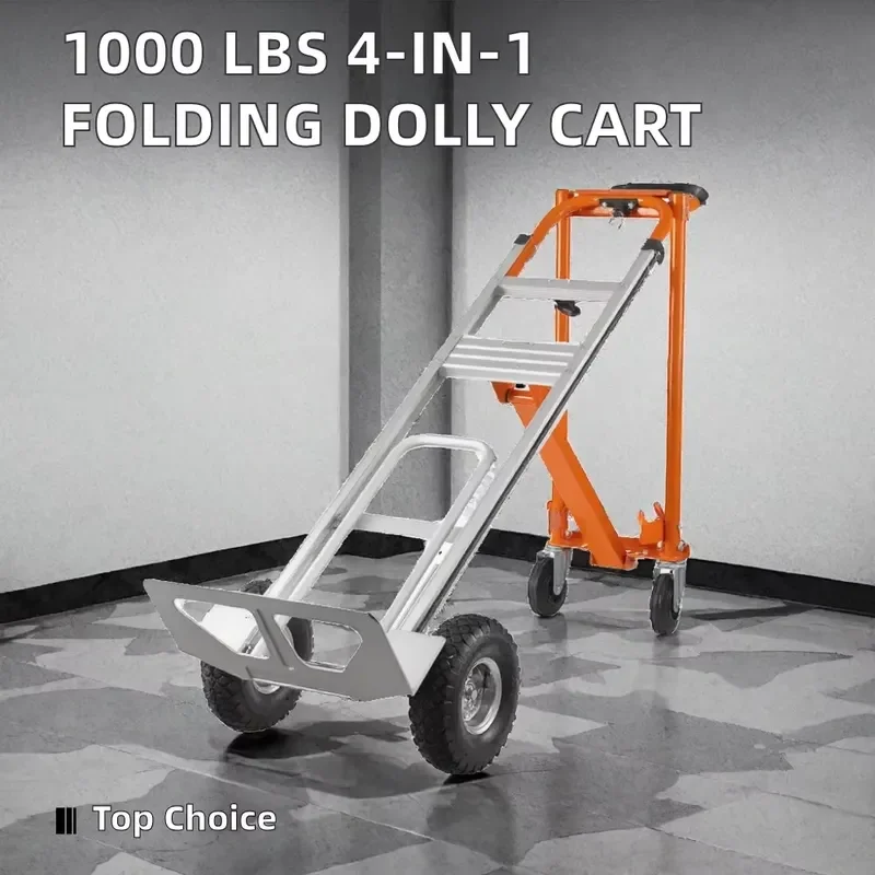 2026 Latest 4-in-1 Industrial Folding Dolly Cart Heavy Hand Truck with 1000 Lbs Load Capacity 10 Inch Pneumatic Rubber