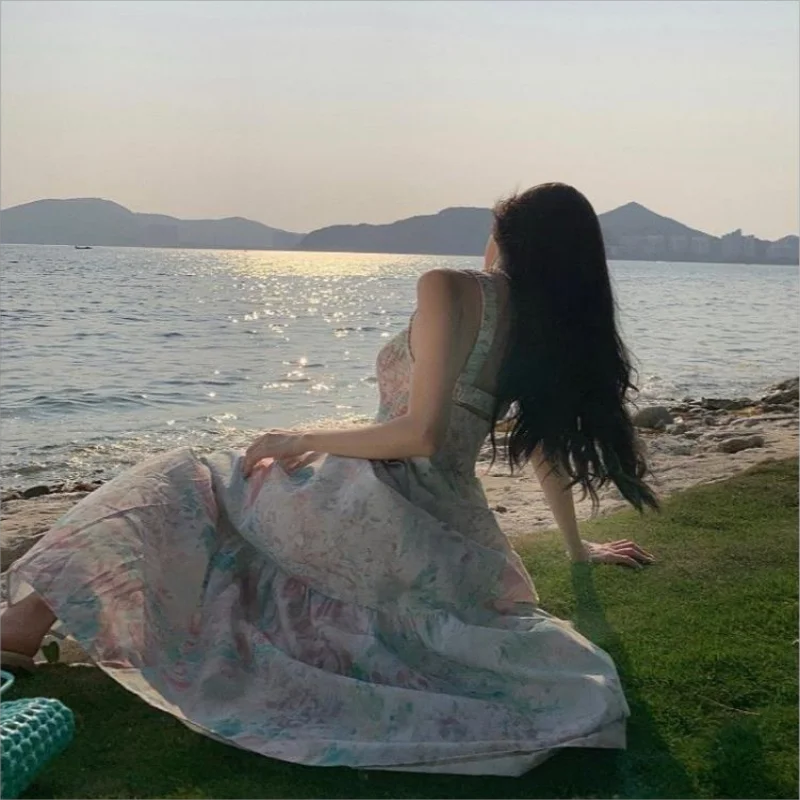 Vestido acampanado con estampado Floral francés para mujer, vestido largo ajustado con tirantes y tirantes anchos, diseño de nicho de verano para mujer