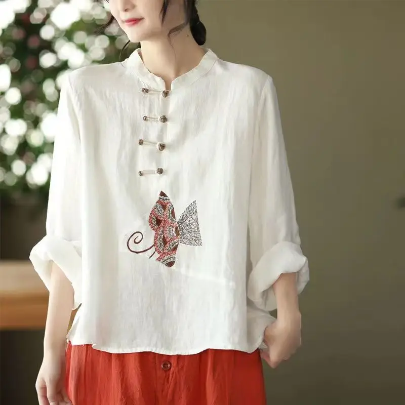 Spring New Cotton Hemp V-neck Long Sleeve Shirt 2023 Women Chinese Style Single Breasted Vintage Elegant Embroidered Pullovers