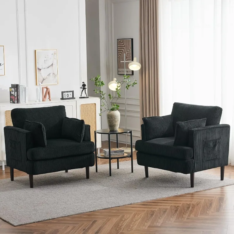 

Barrel Accent Chairs Set of 2,Upholstered Reading Armchair with 2 Pillow & Side Pockets,Mid-Century Modern Chai