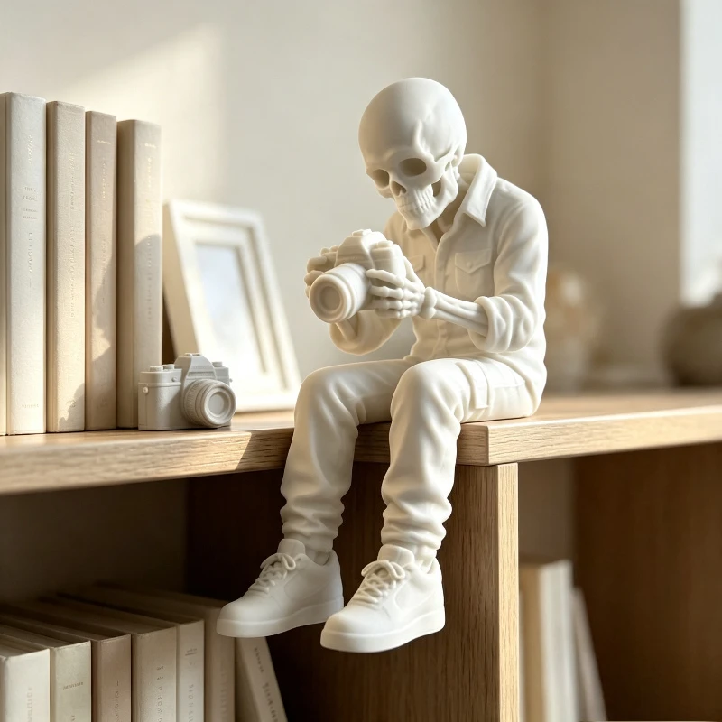 Spooky Skeleton Photographer Mini Figurines Sitting Ornaments Decorations for Desktop Bookshelves Gothic Home Photographer Gifts