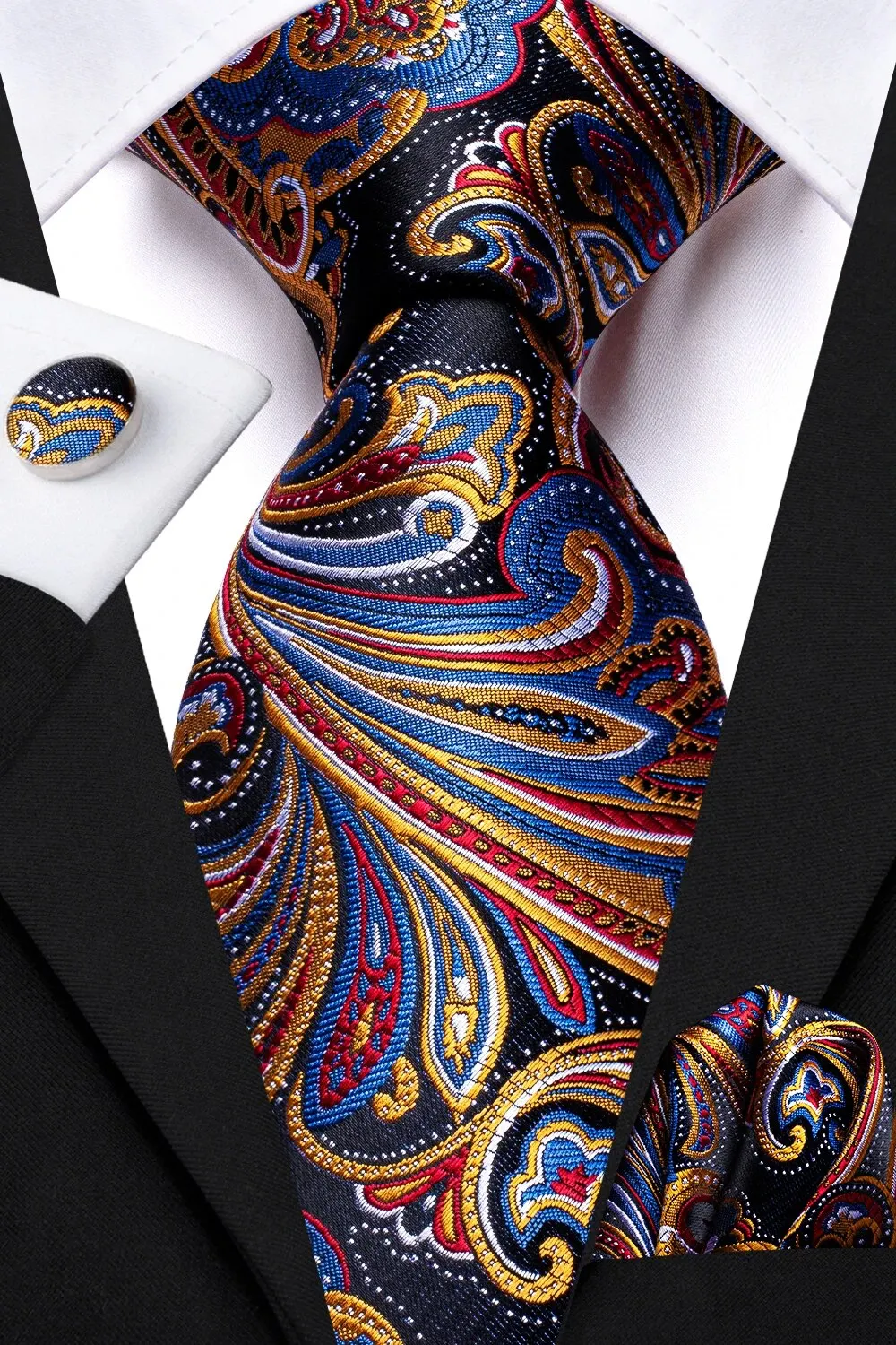 Hi-tie Orange Blue Paisley Wedding Necktie For Men 3pcs Men\'s Ties & Cufflinks & Handkerchief Sets For Business