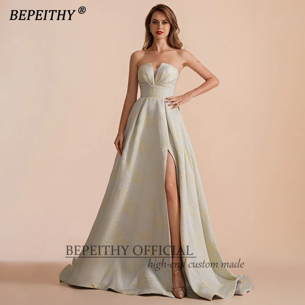 BEPEITHY Customized A Line Strapless Long Evening Dress Party Elegant For Women 2023 High Slit Formal Occasion Vintage Prom Gown