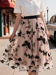 Tonval Elastic Waist Butterfly Embroidered Mesh Overlay Elegant Long Skirts for Women Vintage Midi Length Pleated Skirt