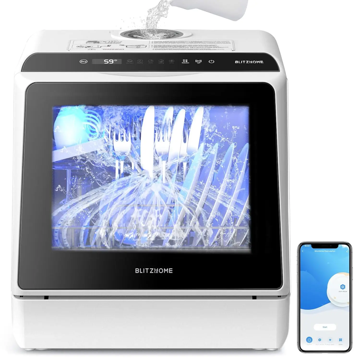 Encimera de lavavajillas portátil, lavavajillas inteligente WIFI, lavavajillas compactas con depósito de agua incorporado de 5L, 6 programas, 360 ° Doble Sp