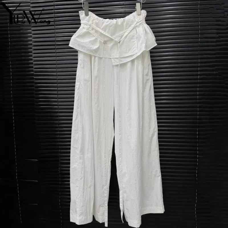 

YUERWAN Women Pant Capris 2025 Summer Ruffles Swing Design Stacked Loose Wide Leg Pants All Match Long Black White Trousers New