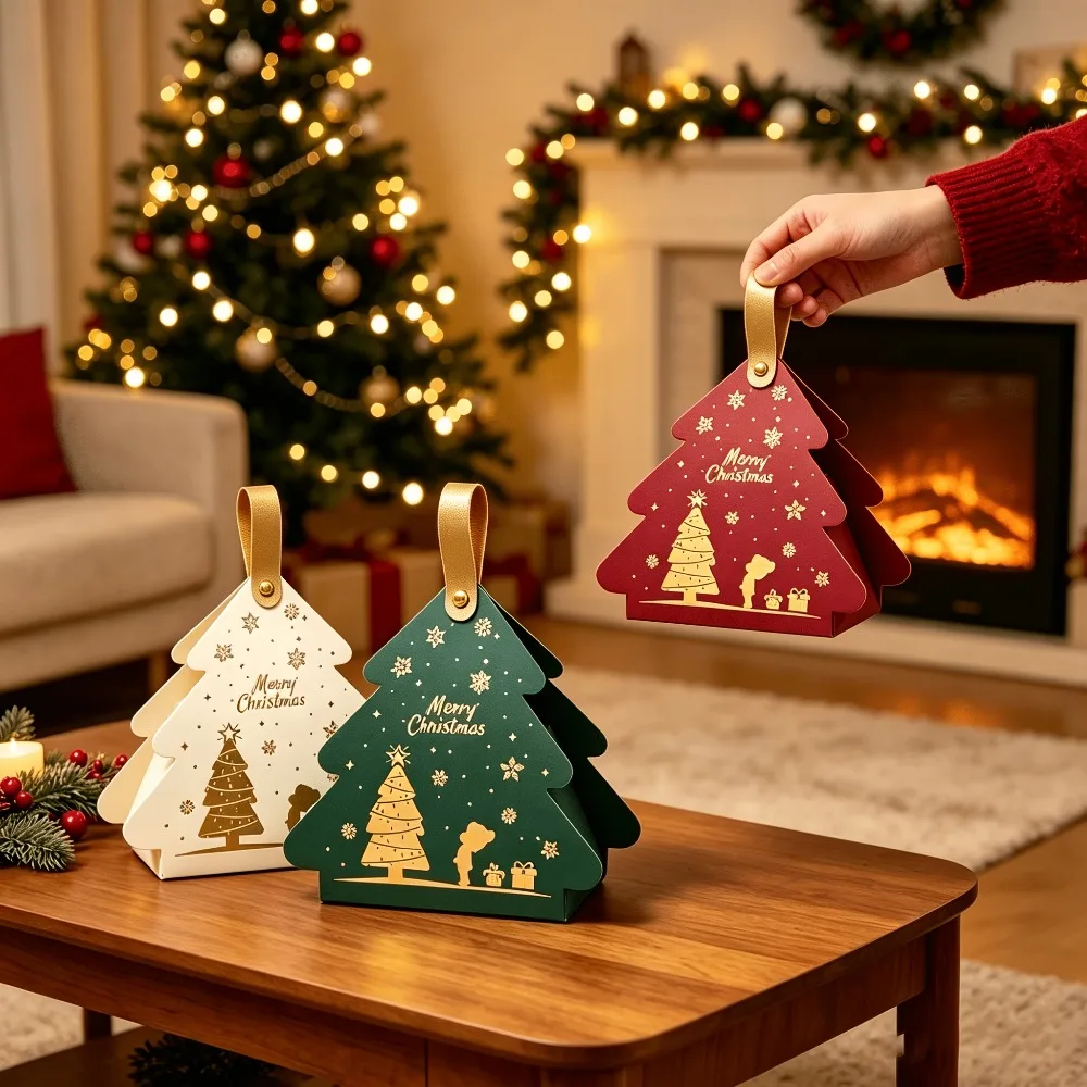 24Pcs Christmas Tree‑Shaped Paper Gift Boxes with Handles, Portable Small Boxes, Xmas Party Favors & Tree Decorations