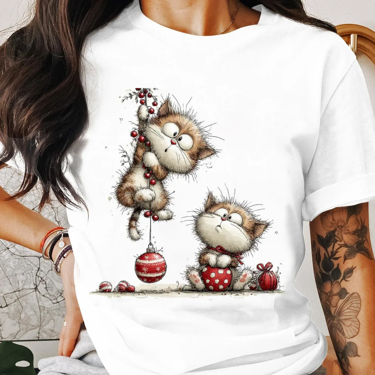 

Merry Christmas Printed New Year Pattern T-Shirt Trendy Short Sleeve Round Neck Cute Cat Printed 90s Women's Top Clothes T-Shirt