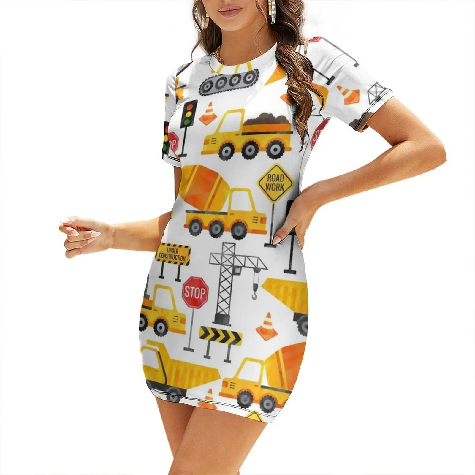 

Road Work Watercolor Construction Vehicles Short-Sleeved Dress summer clothes Long dress Female clothing Dress