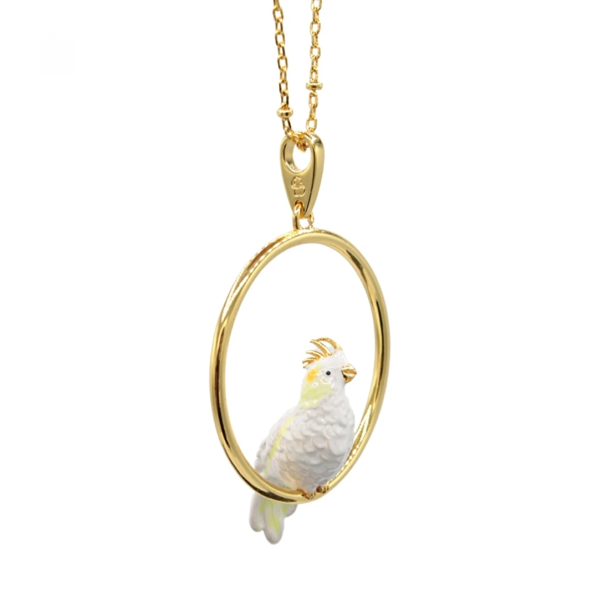 Cute Little White Parrot With Golden Circle Pendant Bird with Enamel Necklace