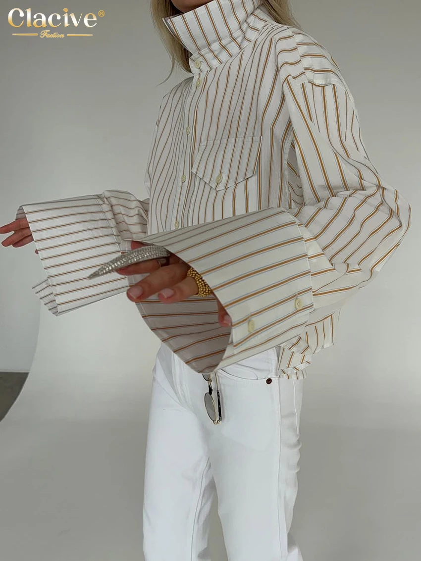 Clacive موضة فضفاض شريط طباعة قميص نسائي 2026 التلبيب عادية كم طويل بلوزة حريمي أنيقة الكلاسيكية ملابس نسائية #3